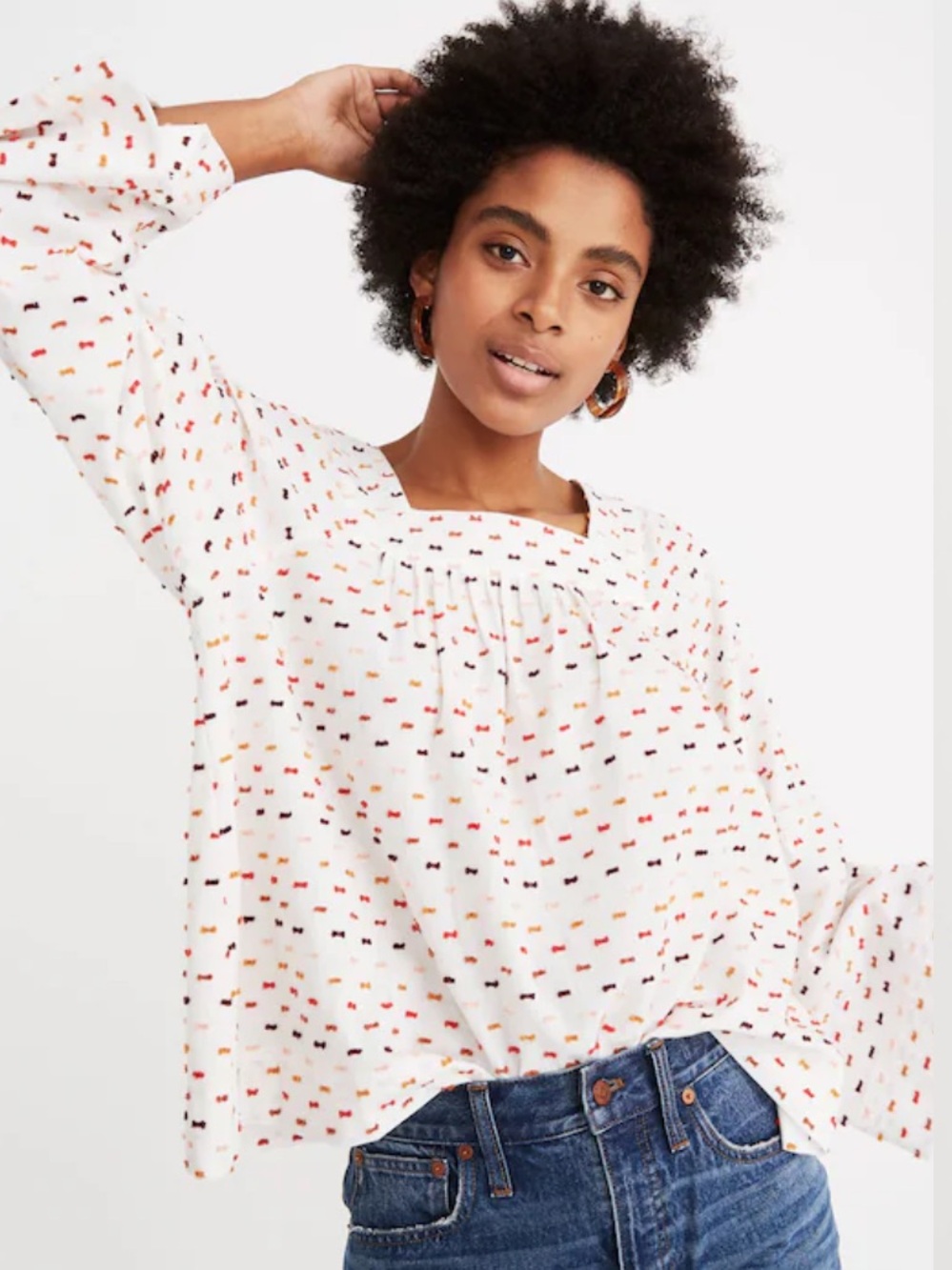 Madewell Square-Neck Peasant Top in Clipdot, 100% Cotton, Embroidered, size M